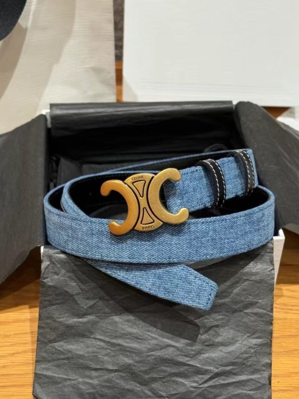Celine Light Blue Denim Triomphe Slim Belt Size85